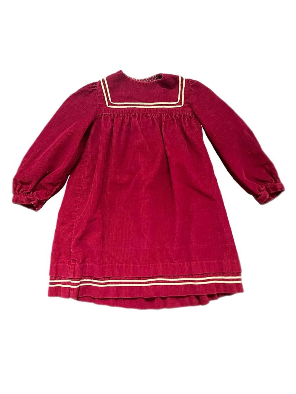 Vintage 70s Petite Gamine Maroon Corduroy Dress with Cream Trim - 4